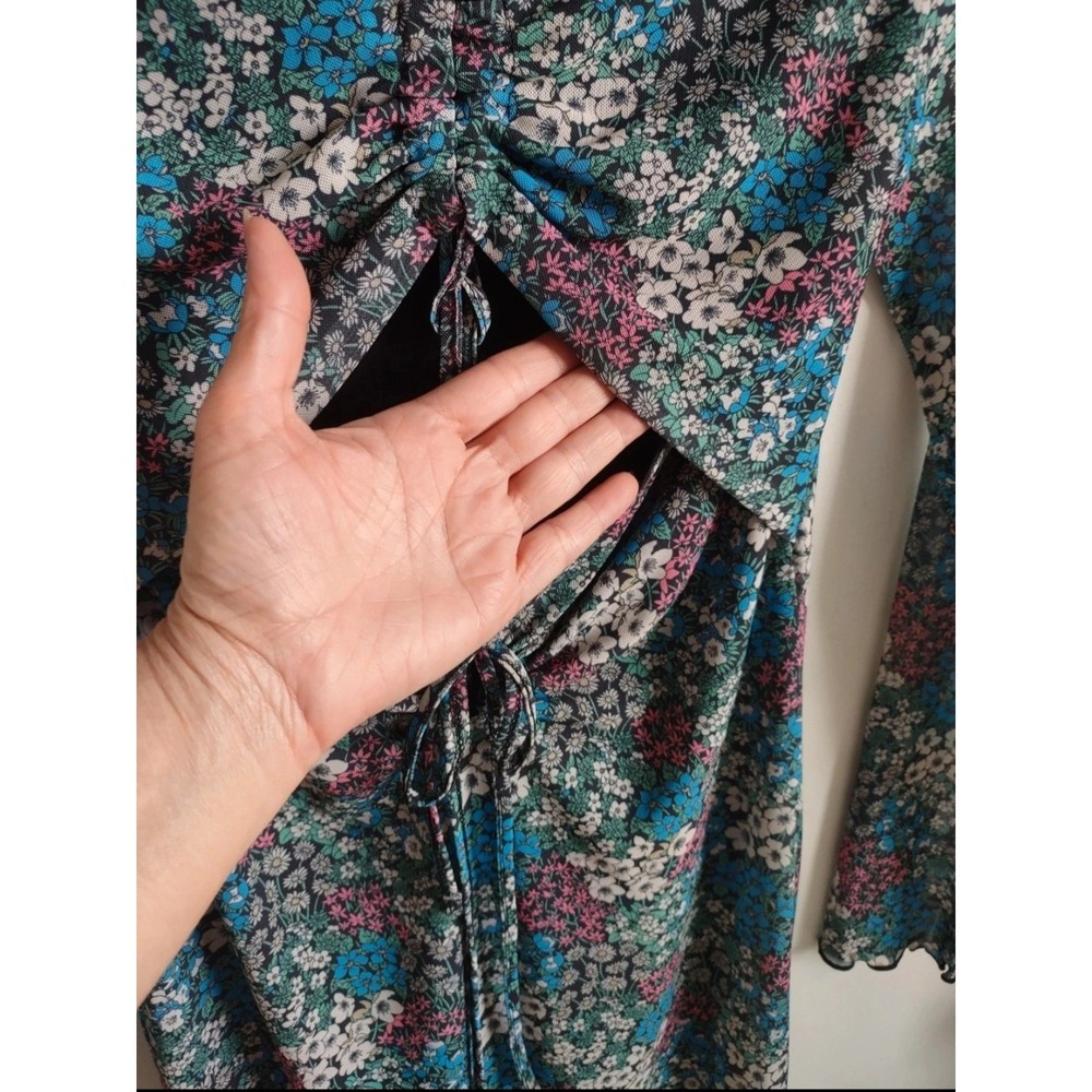 BCBGeneration Floral Mesh Cutout Ruched Midi Dress Blue Pink Green Size T Small - Picture 3 of 7